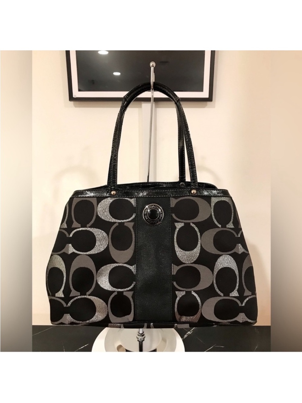 Coach Black and Gray Signature Jacquard Tote with Center Leather Panel